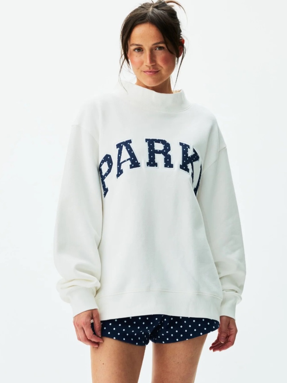 PARKE WHITE Polka Dot Letter Varsity Mockneck Sz L/XL PRESALE